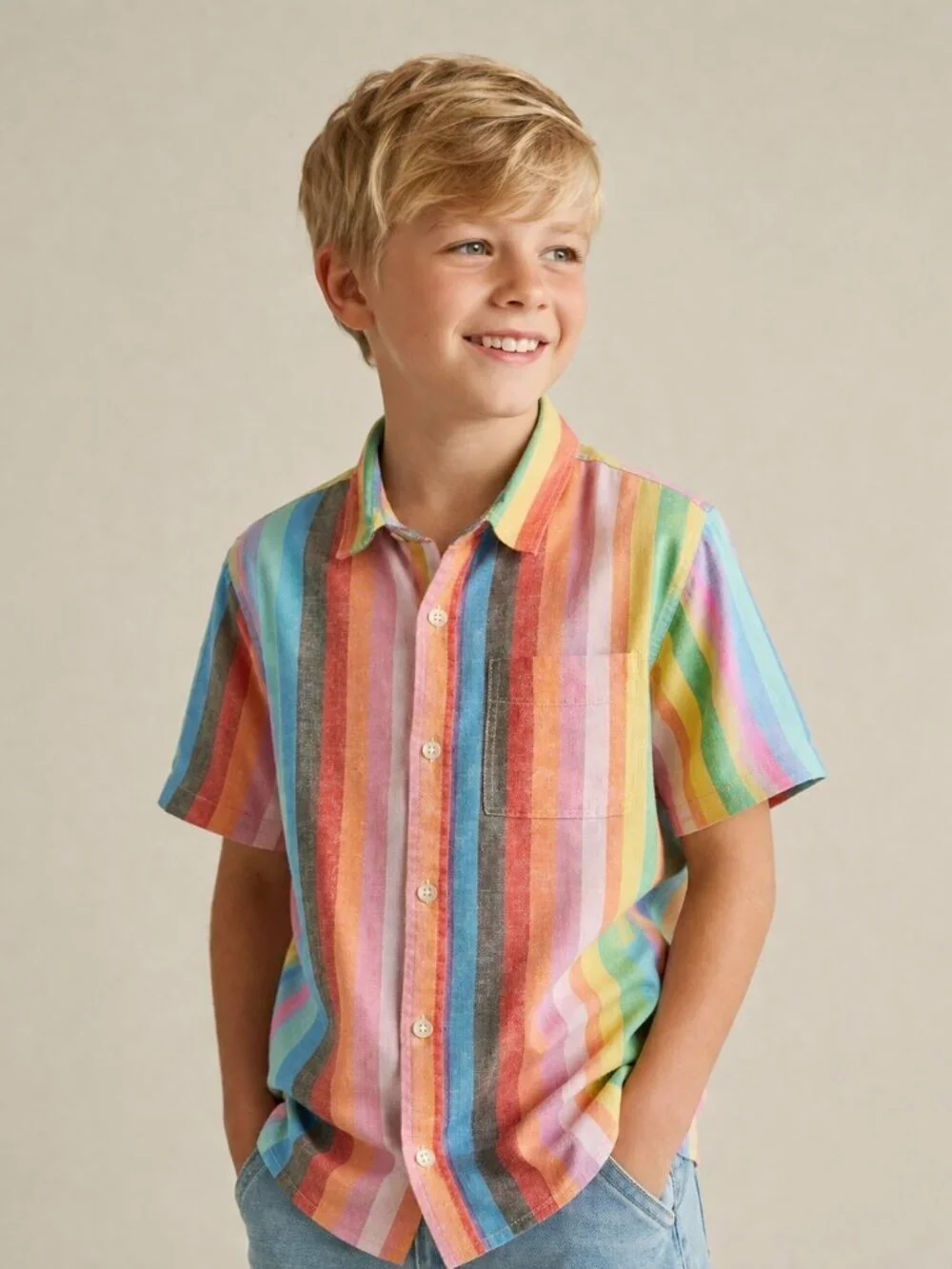2/$30 NWT GAP Kids Linen-Cotton Oxford Shirt Button-Down Multi Medium #9682